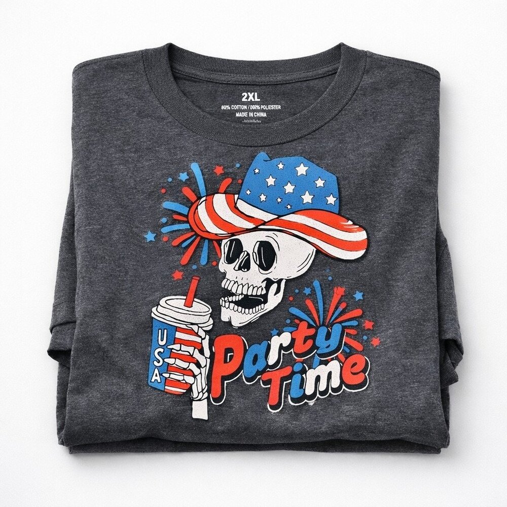 USA Skull Party Time Graphic T Shirt Men 2XL Patriotic 4th July Cotton Blend